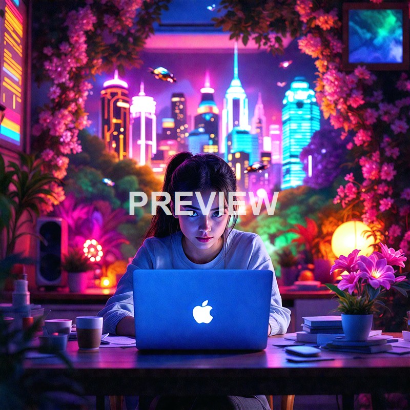 A young woman with dark hair and intense eyes is sitting at a desk working on an Apple MacBook, surrounded by colorful plants and illuminated by vibrant, neon-style lighting with a futuristic cityscape backdrop.